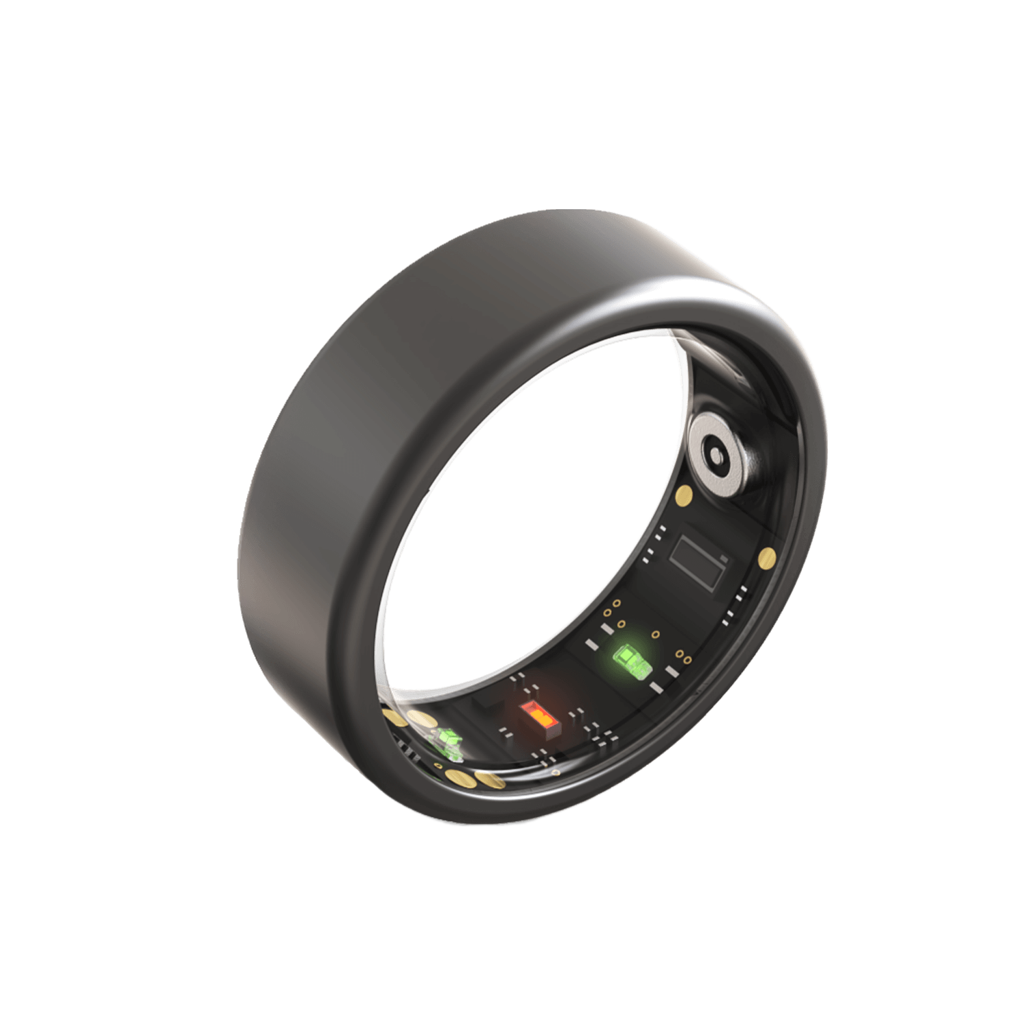 Bague intelligente noire avec un design incurvé, avec des composants électroniques.