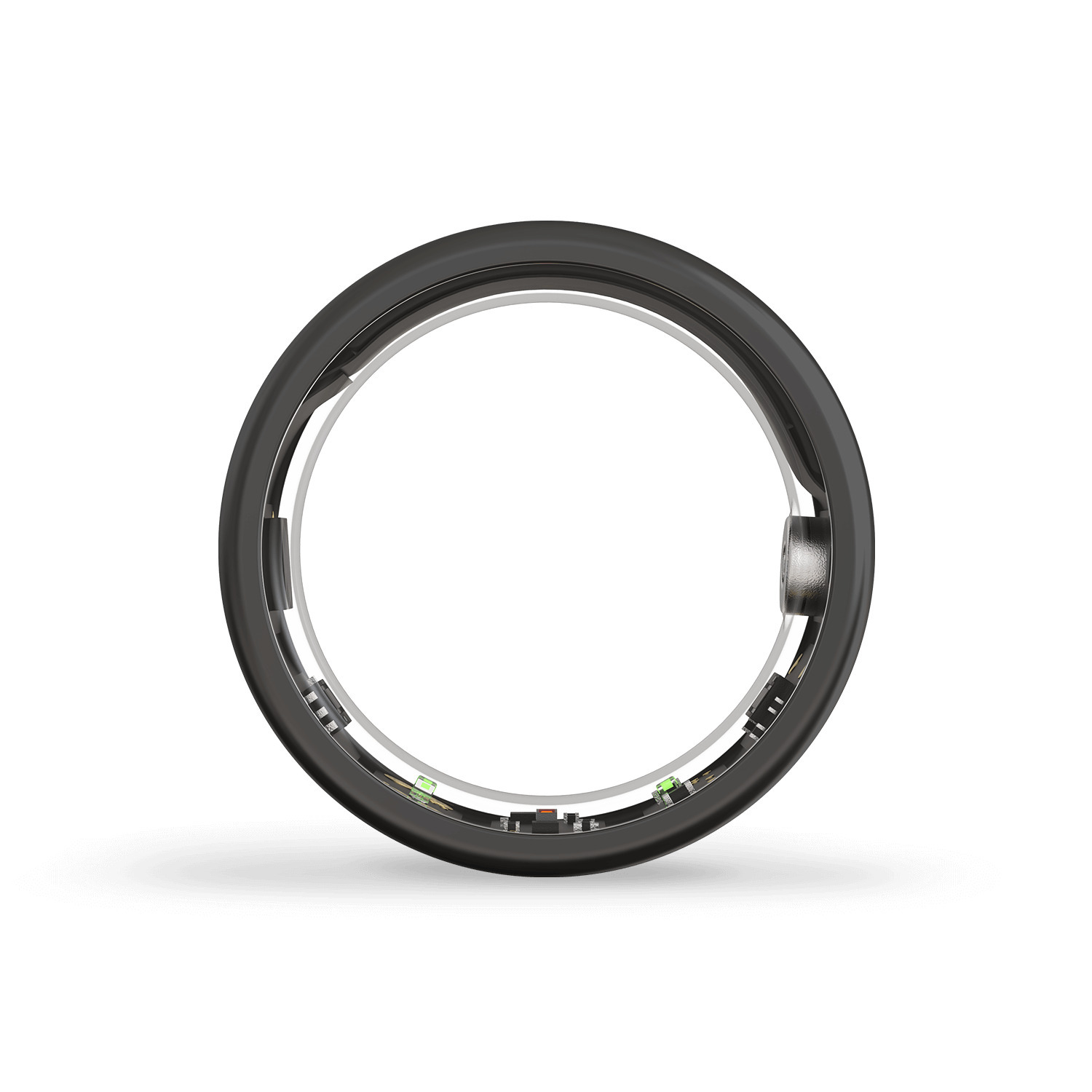 Une bague intelligente noire avec un anneau intérieur argenté est présentée sur fond blanc.