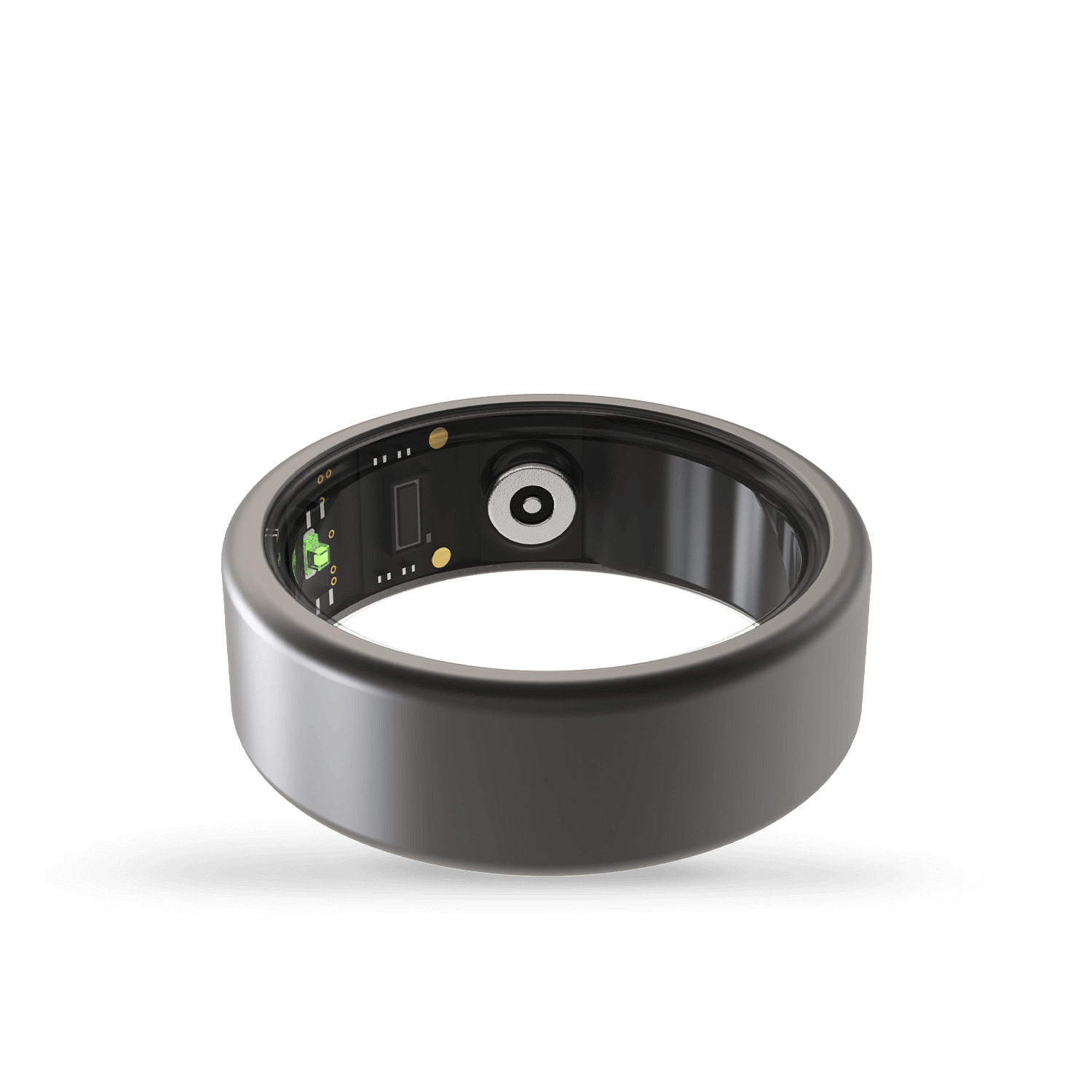 Une bague intelligente gris foncé avec des composants internes visibles, sur fond blanc.