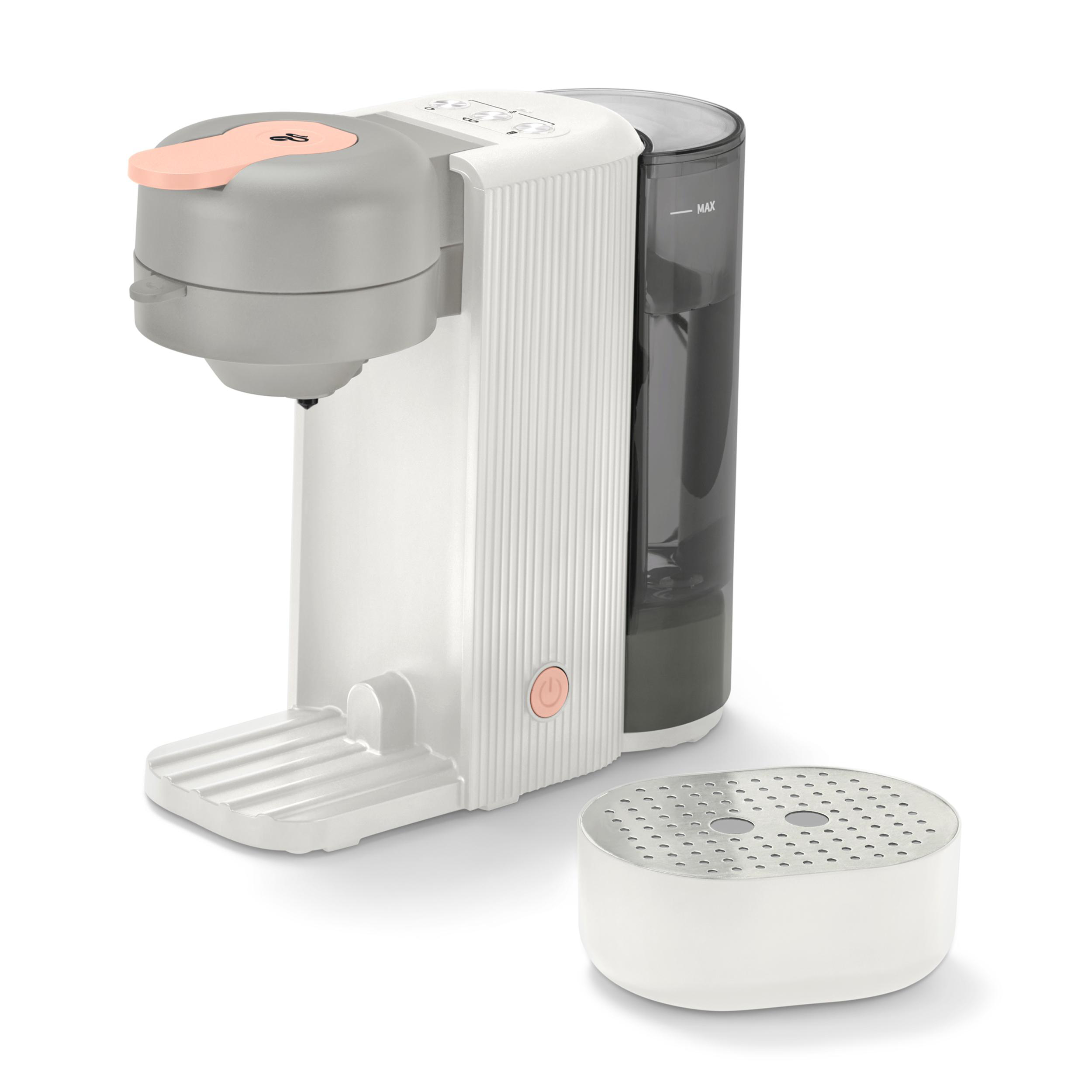 Weiß-graue Kaffeemaschine mit pinkem Knopf und abnehmbarer weißer Abtropfschale.