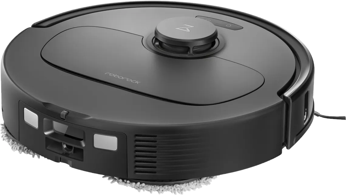 Ein schwarzer Roboter-Staubsauger mit rundem Design und einem zentralen Knopf.