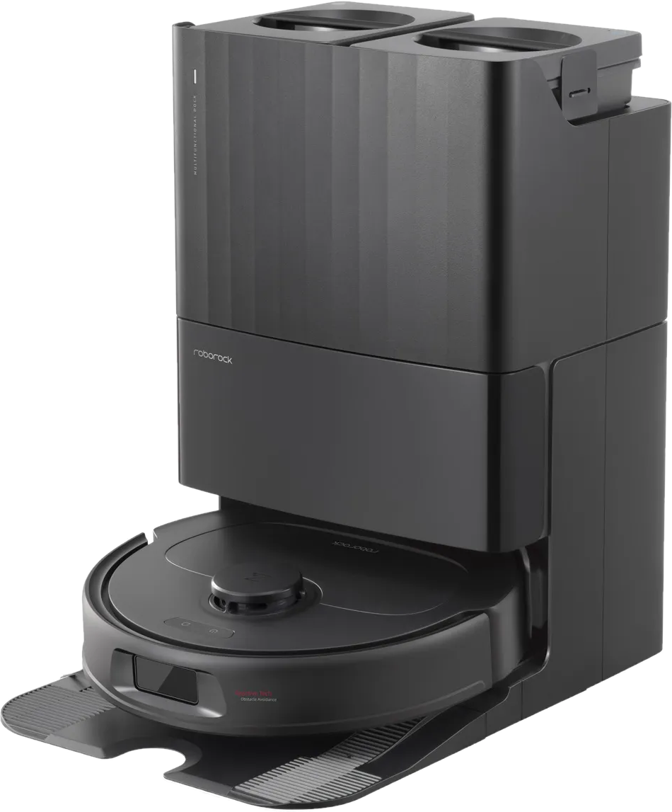 Schwarzer Roboter-Staubsauger und Ladestation, modernes Design, dunkles Farbschema.