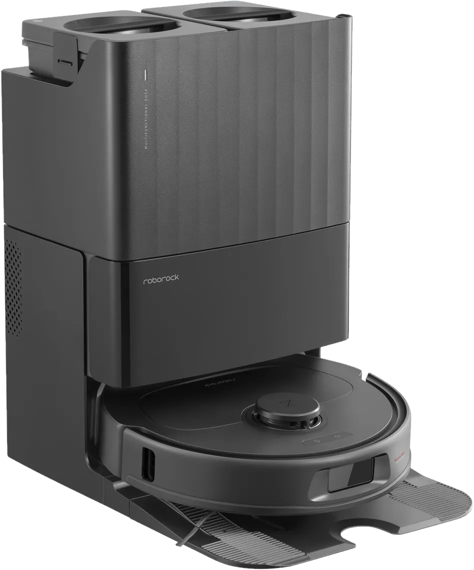 Ein schwarzer Roboter-Staubsauger und seine Ladestation in Schwarz.