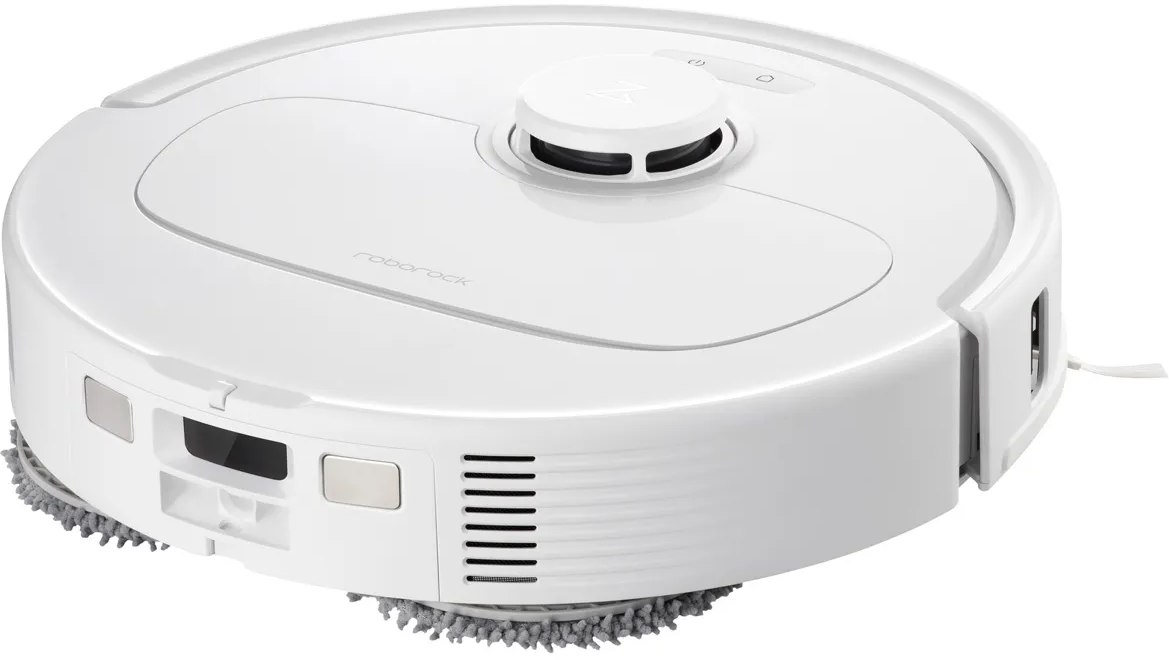 Aspirateur robotique blanc et rond avec élément central circulaire et logo 'Roborock'.