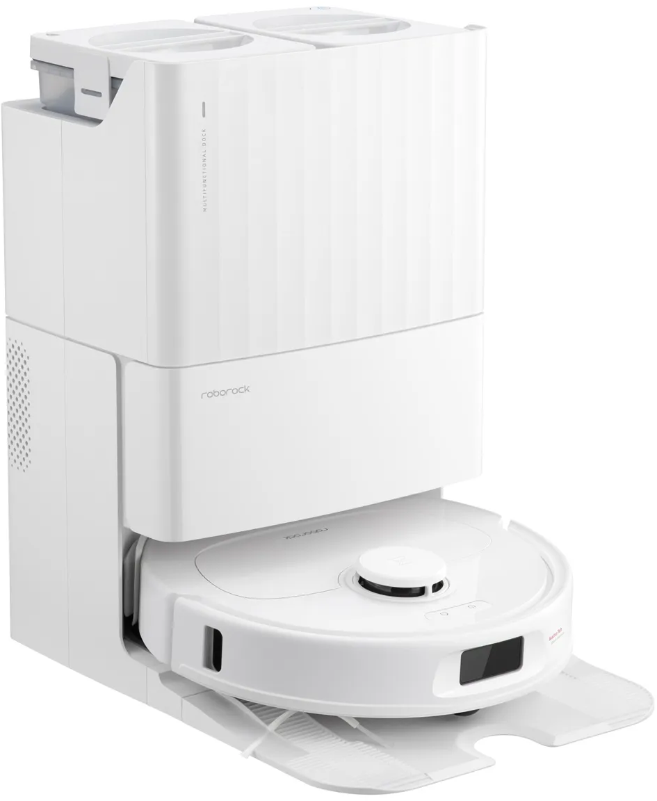 Aspirateur robot et station de base blancs. Haut, avec un nettoyeur rond en bas.