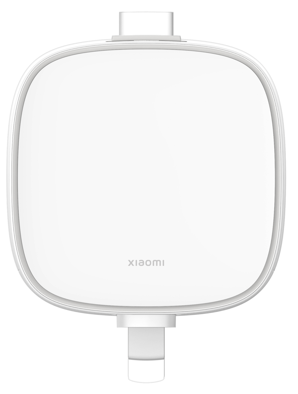 Fehér, lekerekített sarkú, négyzet alakú eszköz, alul csatlakozóval.