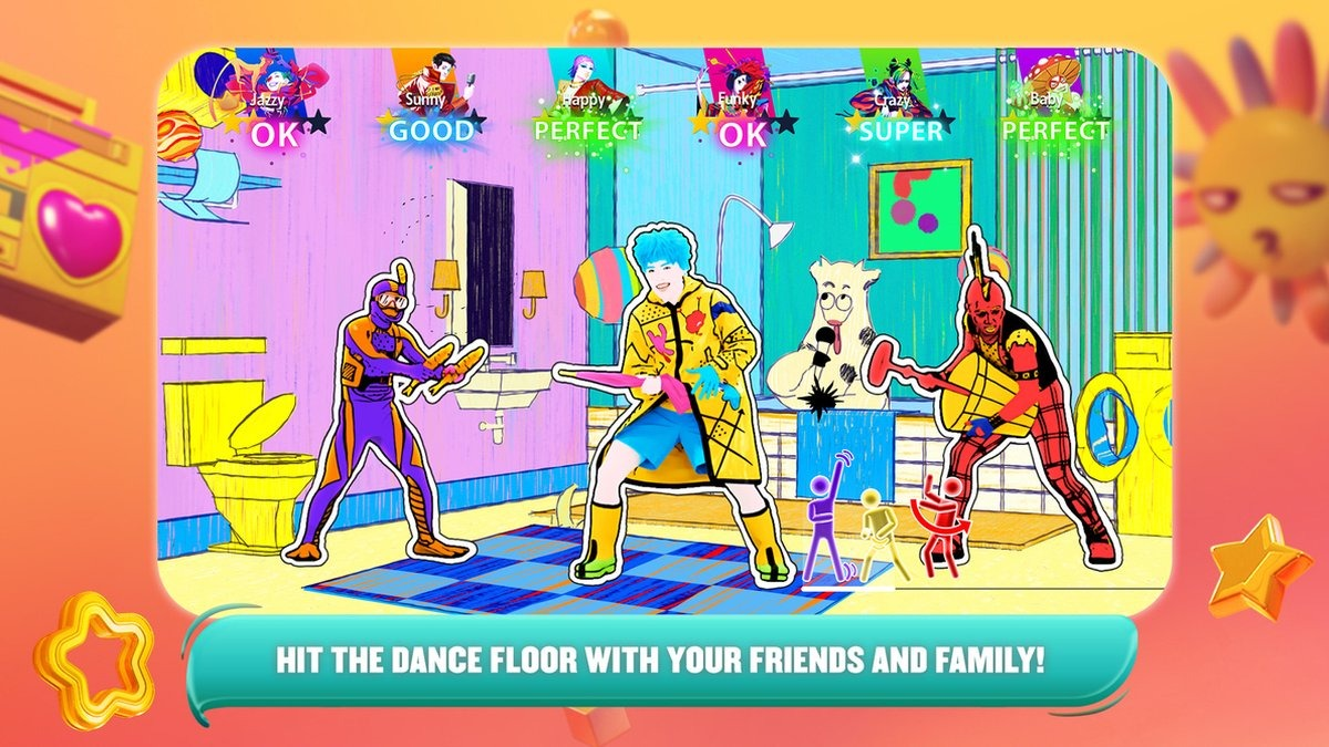 A video game screen with dancing figures. Text says, "Hit the dance floor with your friends and family!"