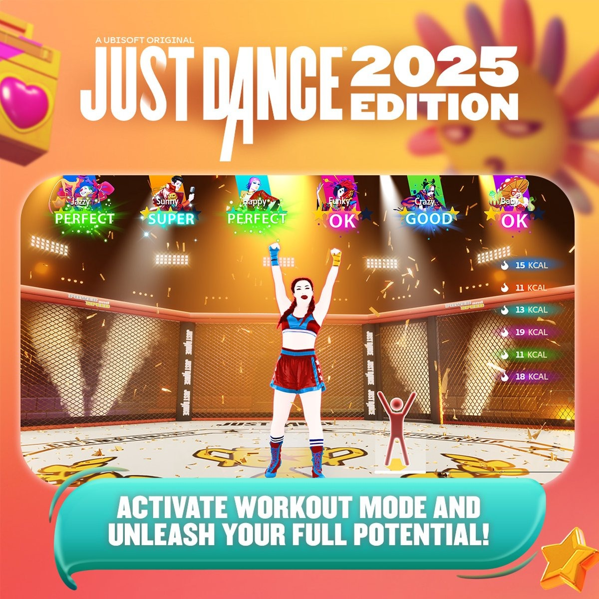 Just Dance 2025 game screenshot with dancers in a boxing ring setting, game score indicators.
