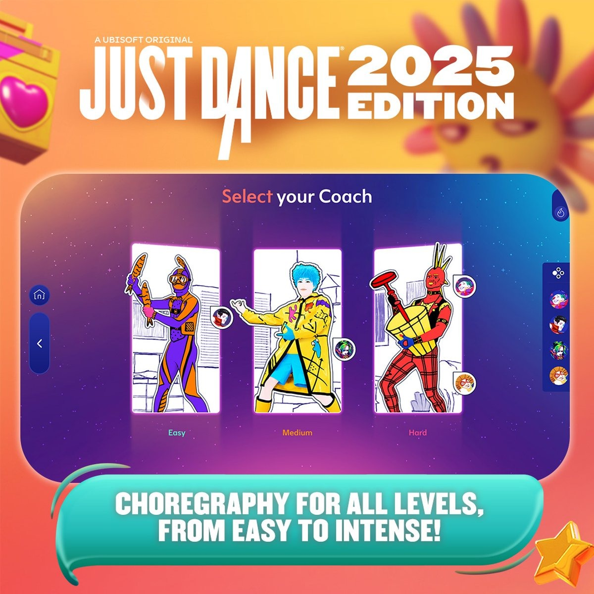 Just Dance 2025 game interface on a tablet, with coach selection options.