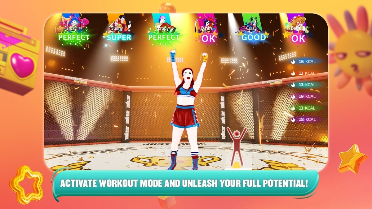 Woman in a dance game with a bright background. Score indicators are visible.