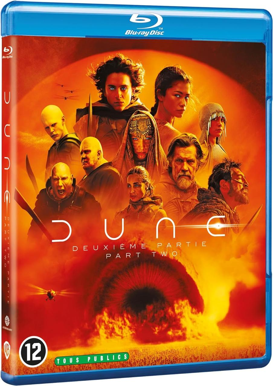 Boîtier de disque Blu-ray du film Dune : Deuxième partie. Comprend un groupe d'acteurs du film.