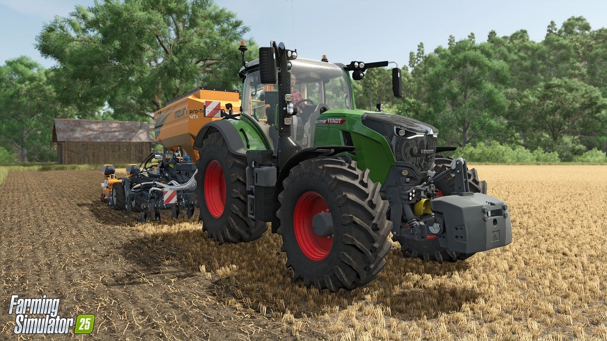 Un tracteur dans un champ, avec un logo Farming Simulator 25.