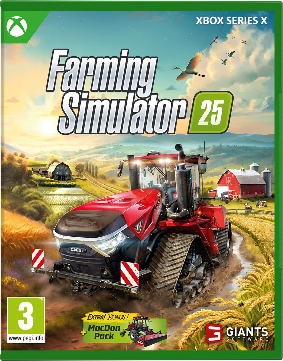 Farming Simulator 25 gamebox met een tractor op een boerderijscène.