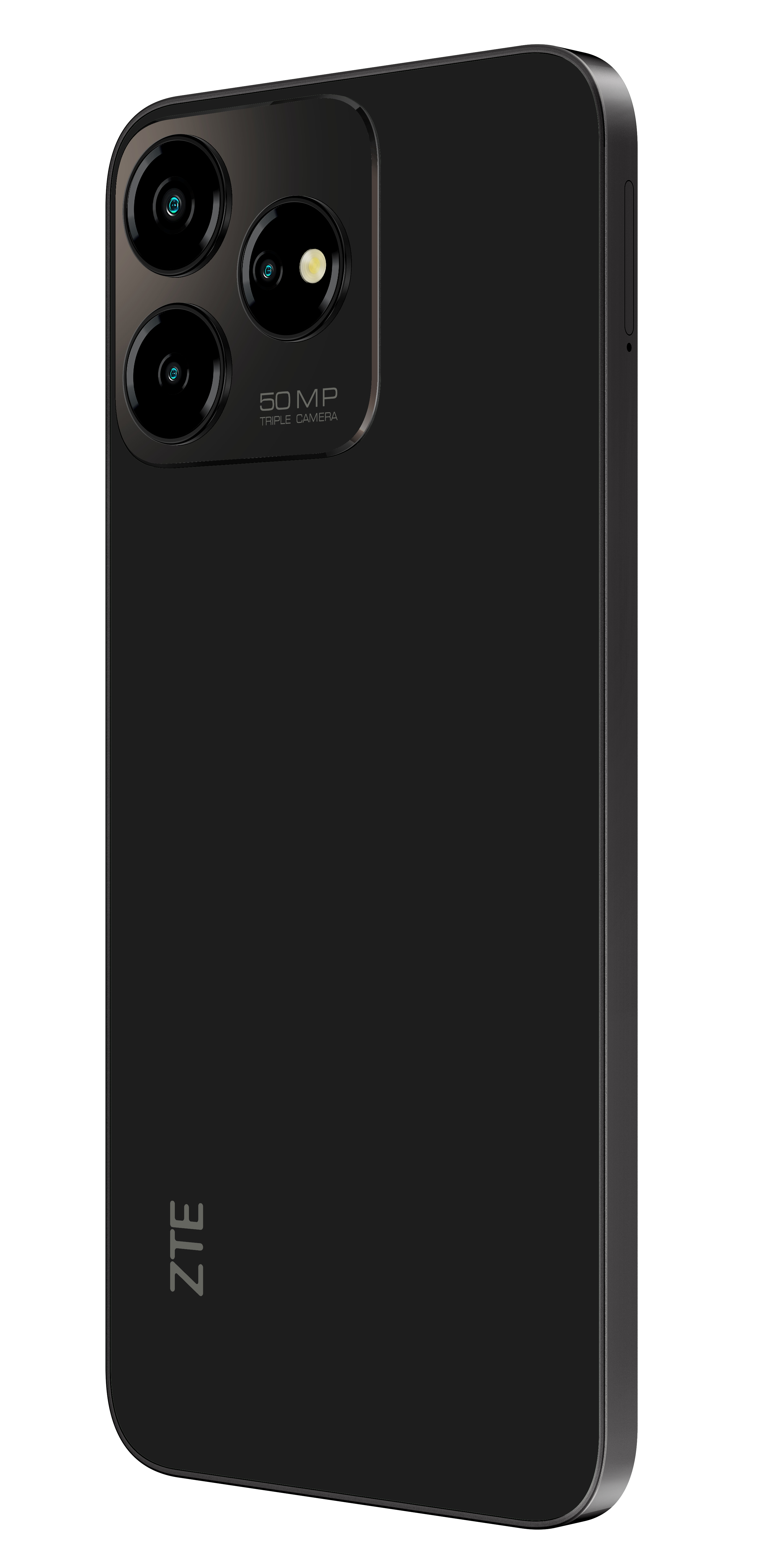 Schwarze Smartphone-Rückansicht mit drei Kameras, einem Kamera-Bump und ZTE-Logo.