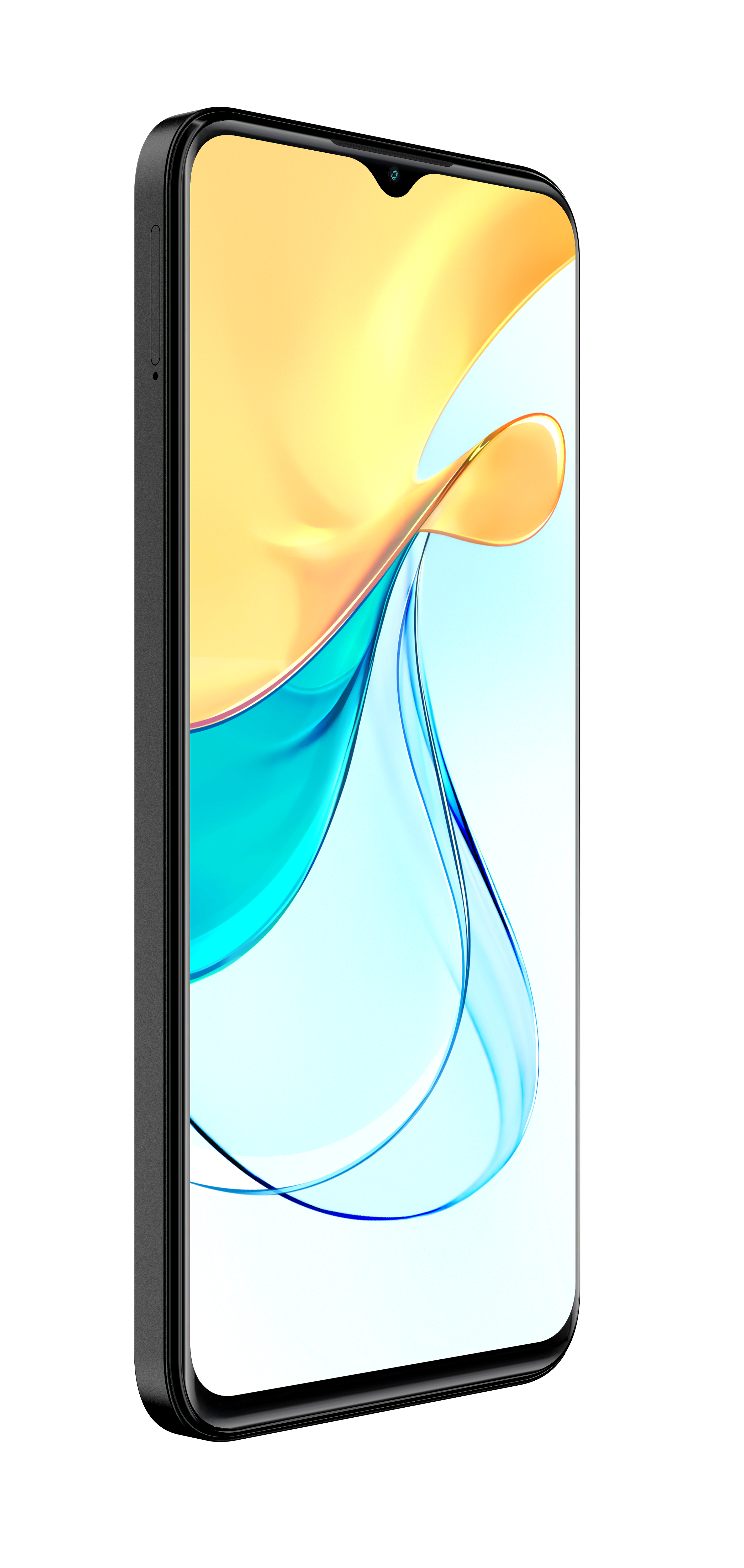 Schwarzes Smartphone mit hellem Bildschirm. Weißer und blauer abstrakter Hintergrund.