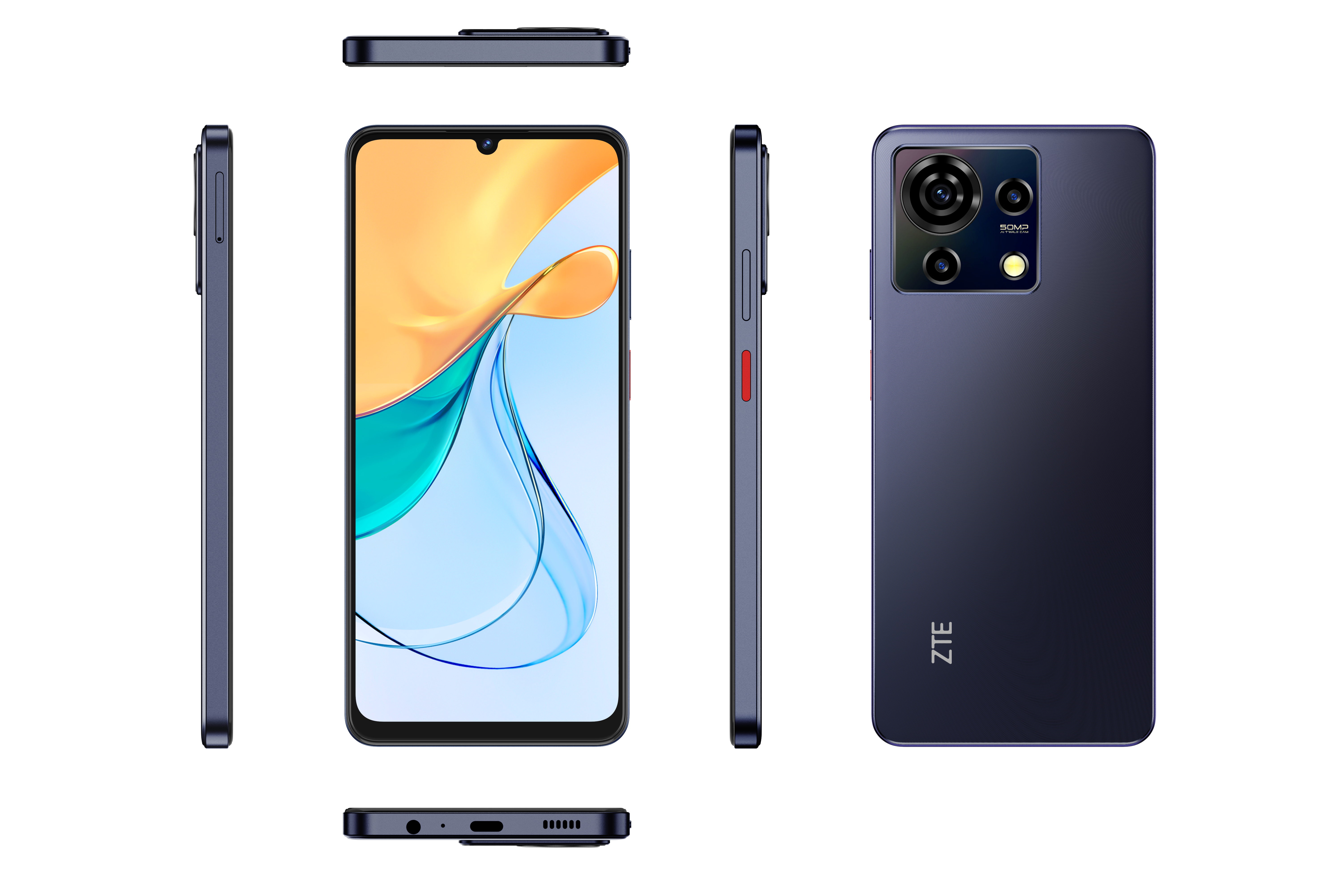 Mehrere Ansichten eines blauen Smartphones. Vorder-, Seiten-, Ober- und Rückansicht.