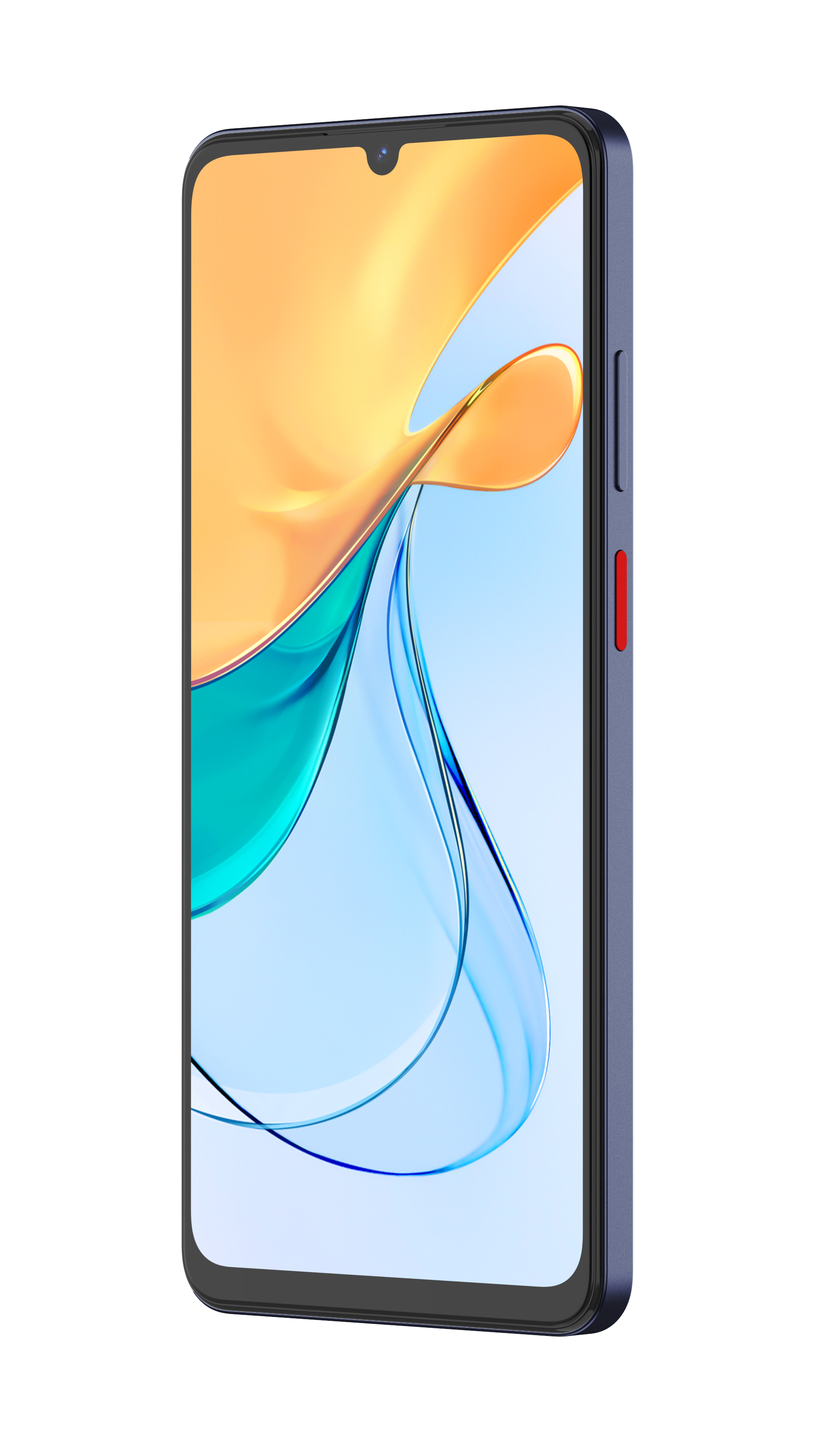Ein Smartphone in Blau, Orange und Weiß, gedreht, um den Bildschirm zu zeigen.