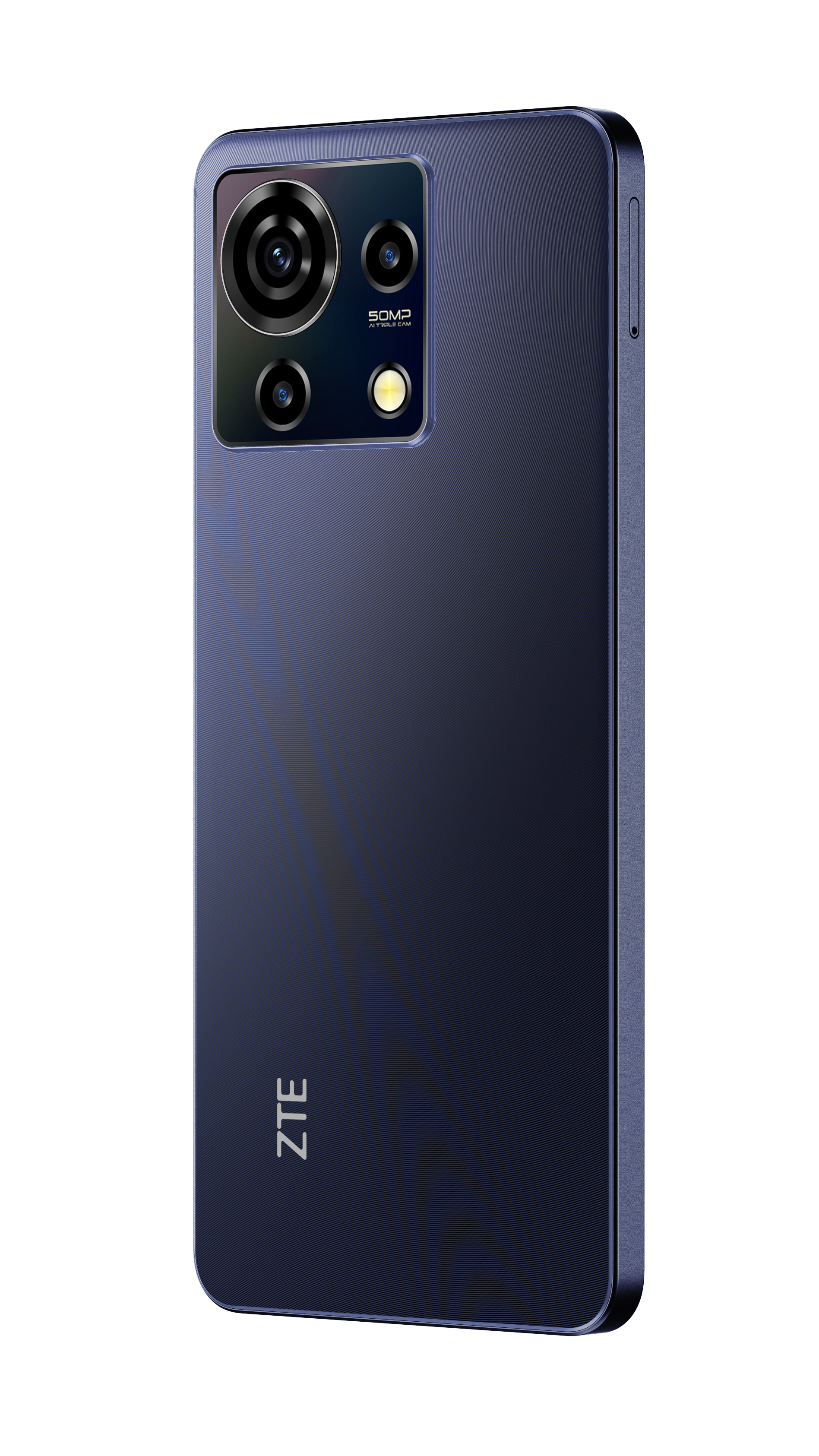 Dunkelblaues Smartphone-Rückansicht, Kameramodul mit mehreren Linsen, ZTE Logo.