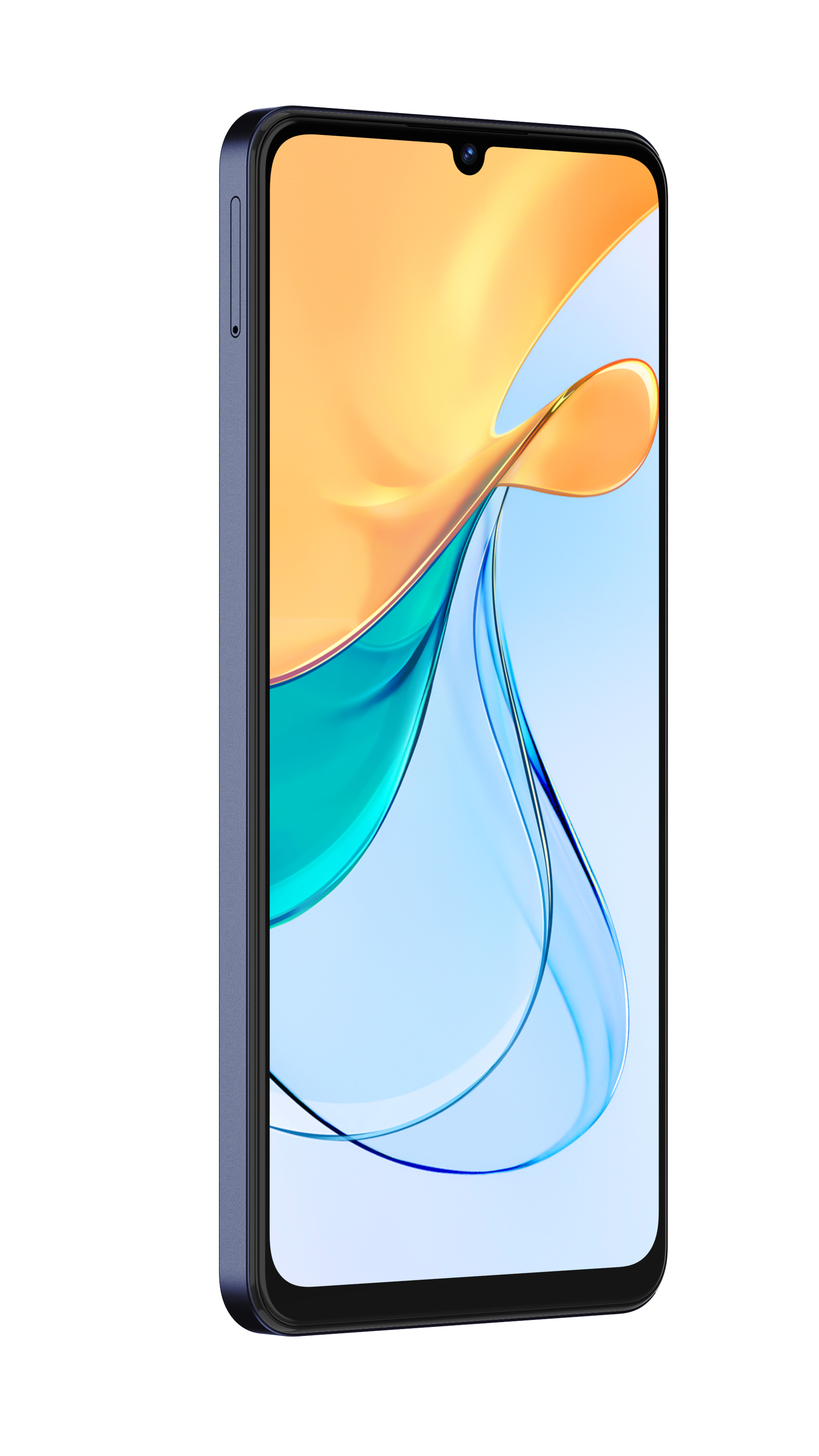 Ein blaues Telefon mit einem Bildschirm, der ein farbenfrohes Bild anzeigt.