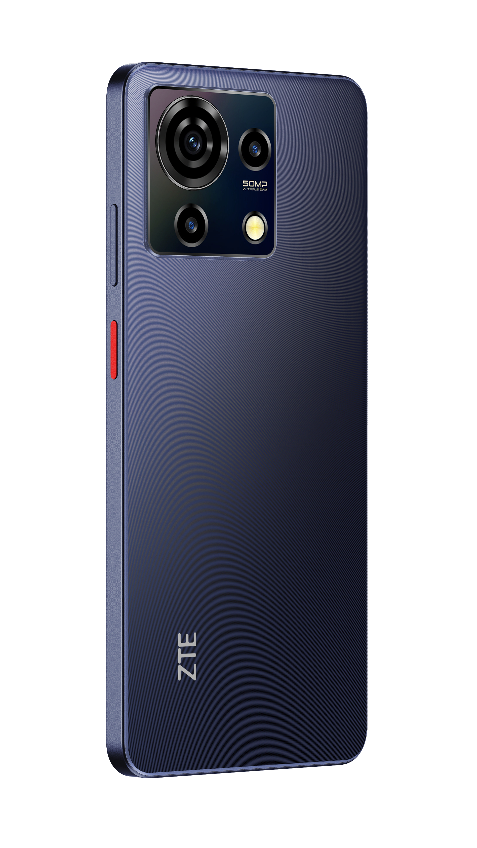Dunkelblaues ZTE-Smartphone, Rückansicht. Dreifache Kamera. Rote Seitentaste und ZTE-Logo.