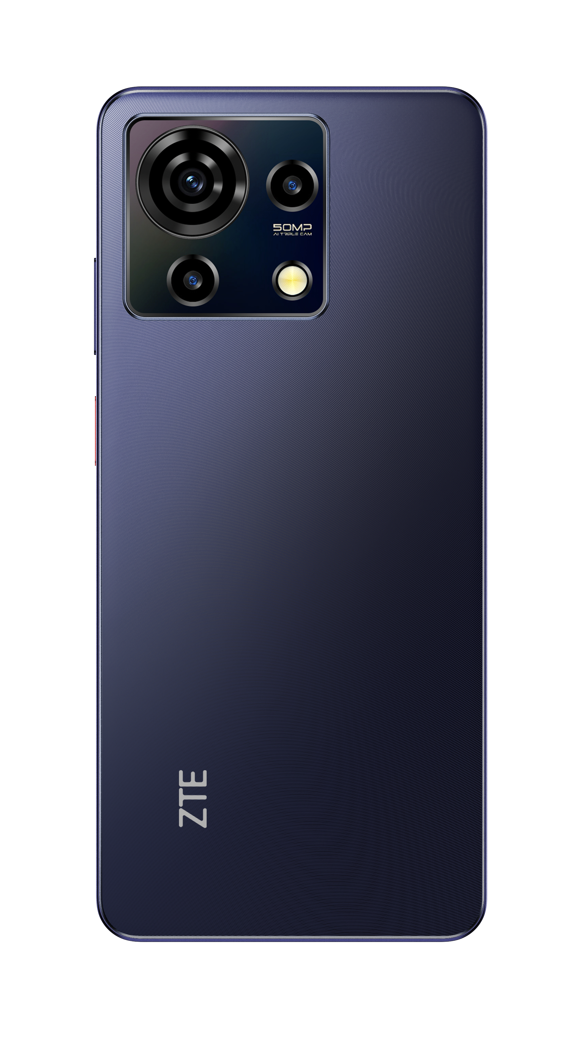 Blaue Smartphone-Rückseite mit mehreren Kameras, großem Objektiv und ZTE-Logo.