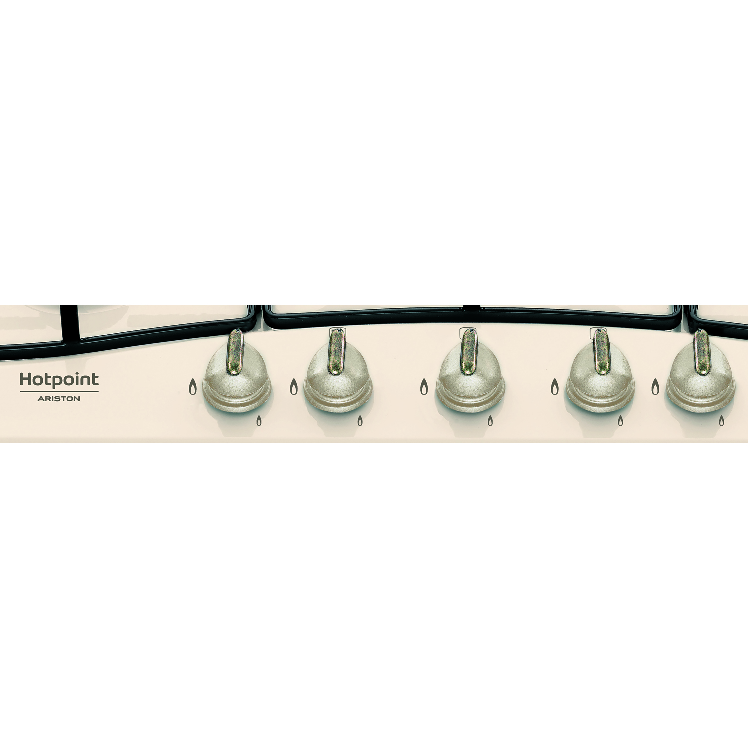 Manopole del fornello Hotpoint Ariston. Cinque manopole con quadranti e icone di fiamma.