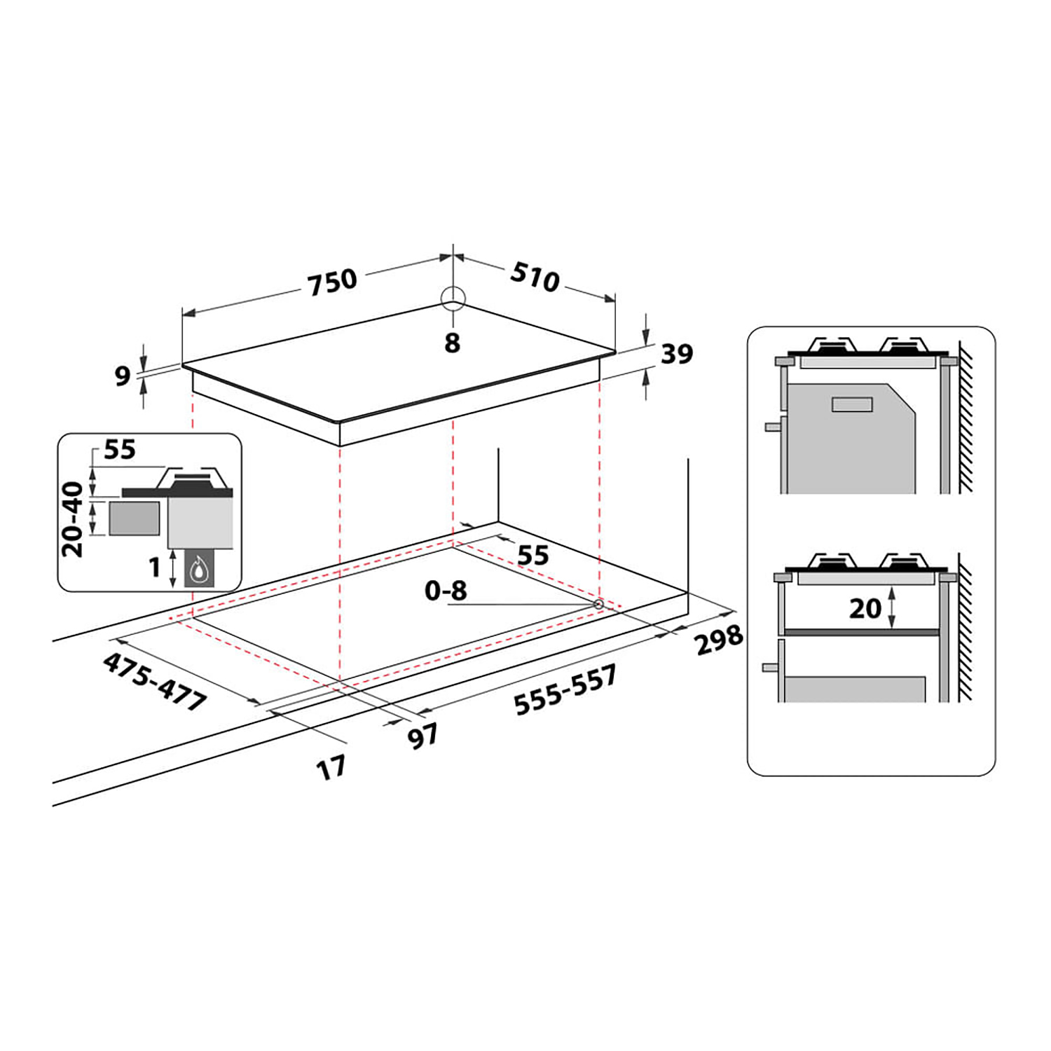 Un diagramma con misure che illustra l'installazione di un piano cottura.