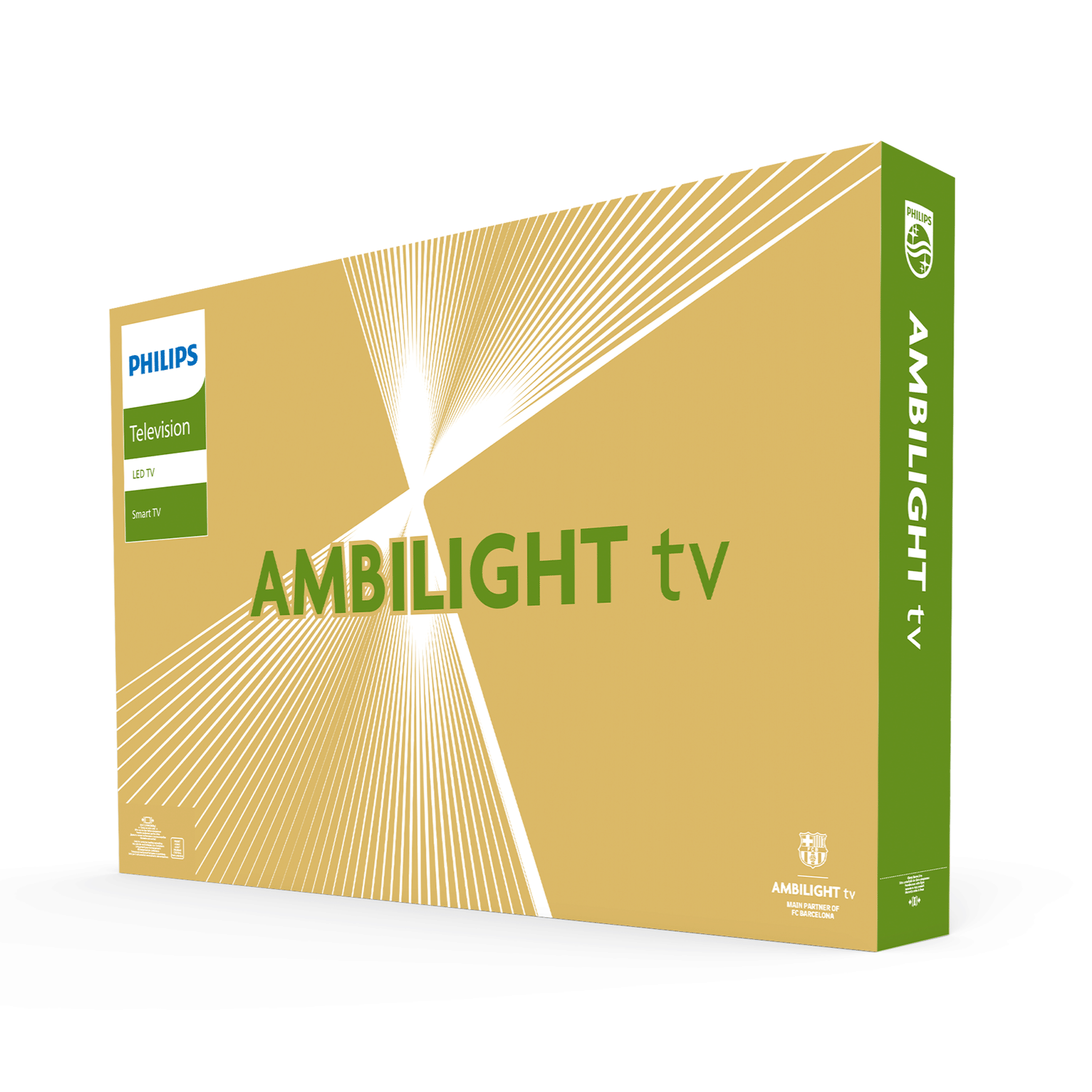Philips Ambilight TV kutusu, altın ve yeşil renk şeması.