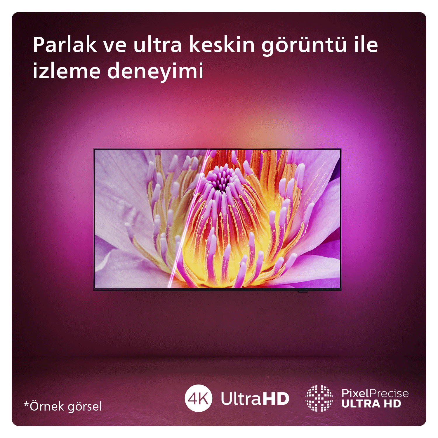 Çiçekli bir görüntüye sahip bir TV ekranı. Pembe ve mor bir gradyan arka plan üzerinde.