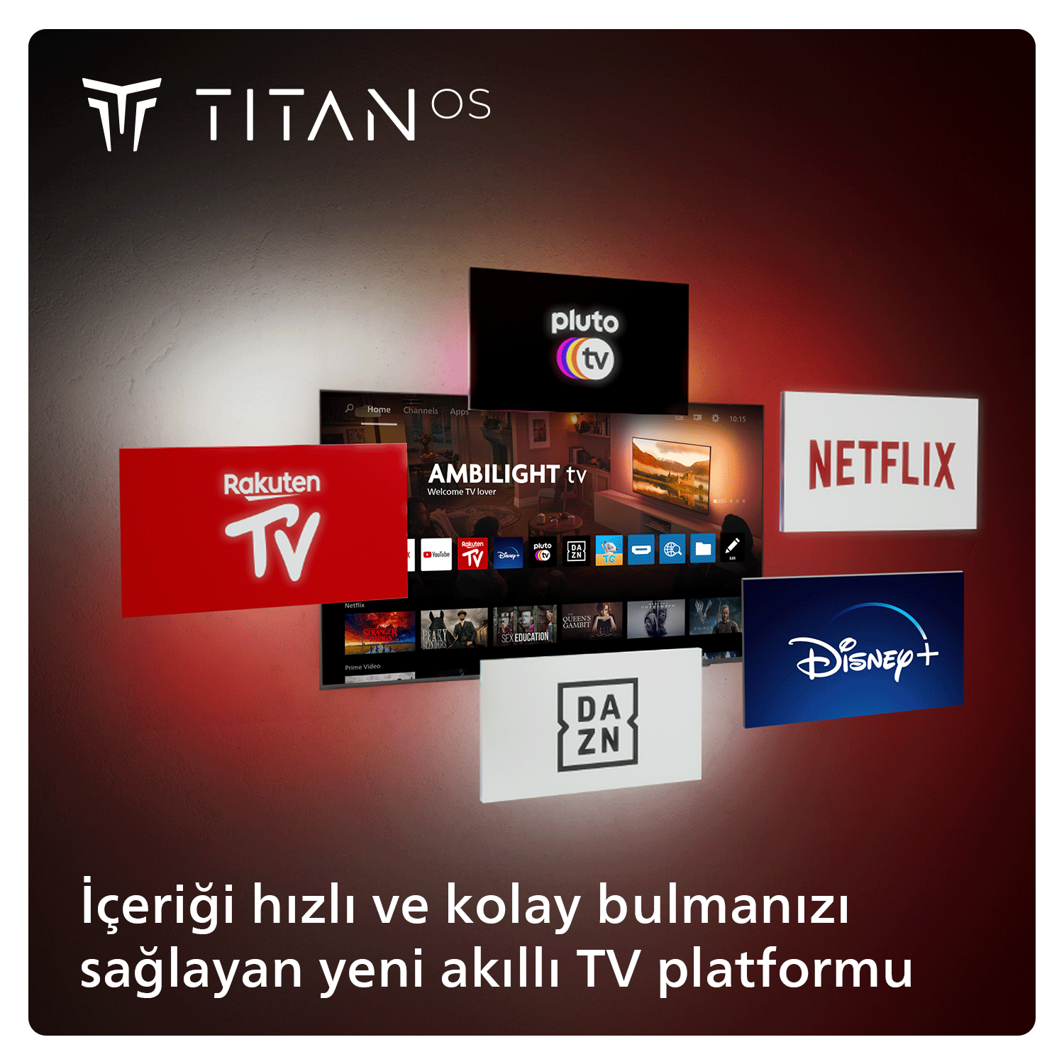 Kırmızı arka planda birden fazla akış hizmetinin logosunun bulunduğu bir tanıtım resmi.