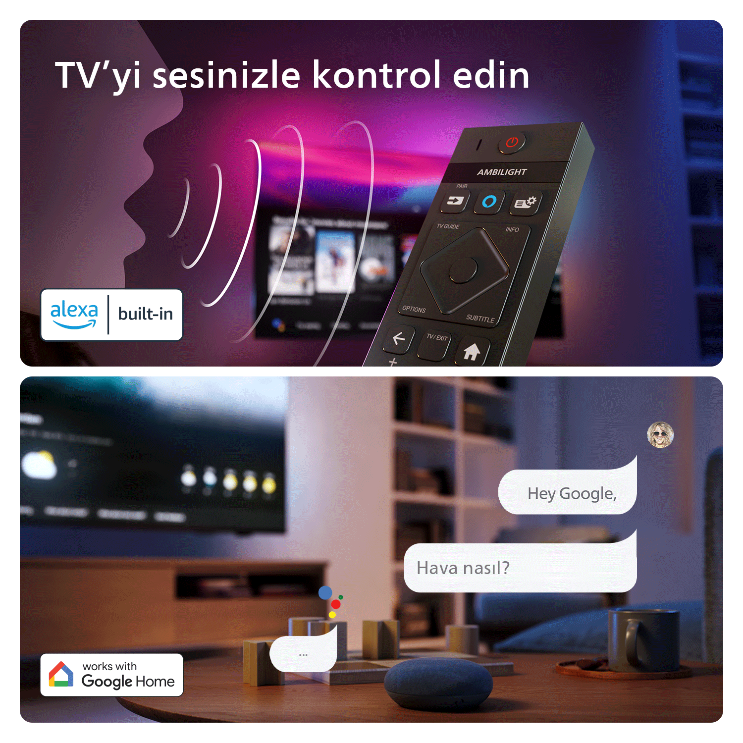 Alexa ve Google Home ile ses kontrolünün nasıl kullanılacağını gösteren bir TV uzaktan kumandası reklamı.