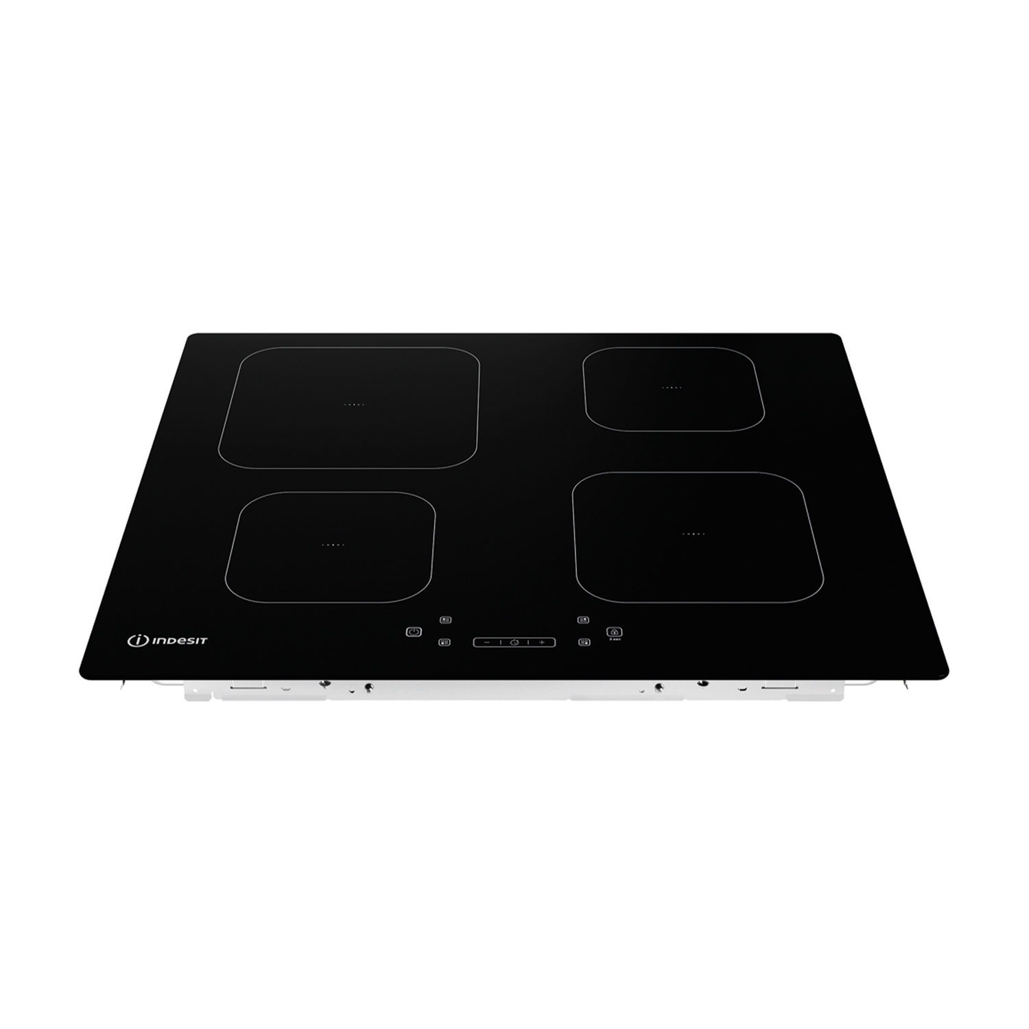 Un piano cottura a induzione nero con quattro zone cottura e il logo Indesit.
