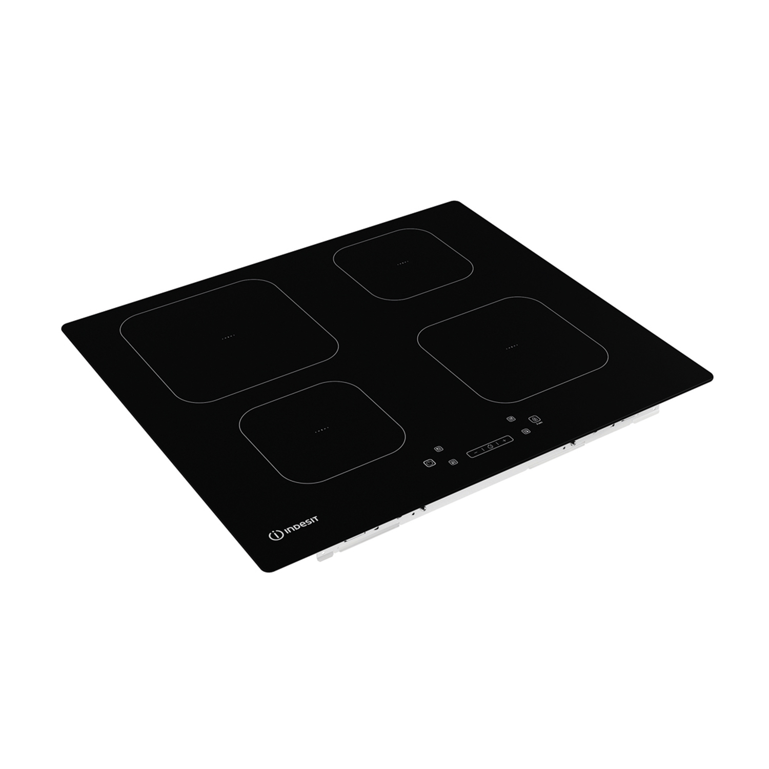 Piano cottura a induzione nero con quattro zone cottura. Il piano cottura è su una superficie bianca.