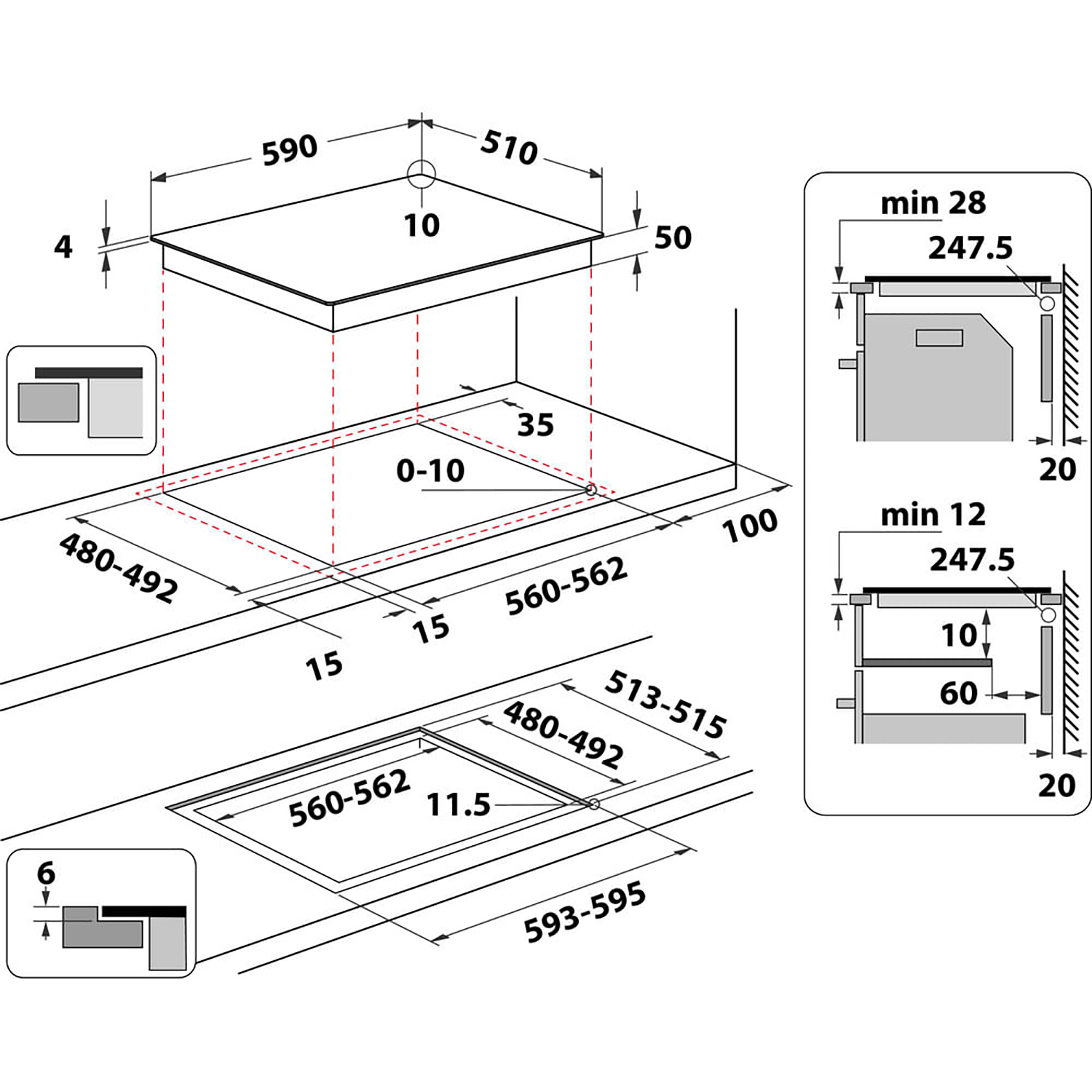 Diagramma con misure di un piano cottura in ceramica nero con dimensioni e dettagli di taglio.