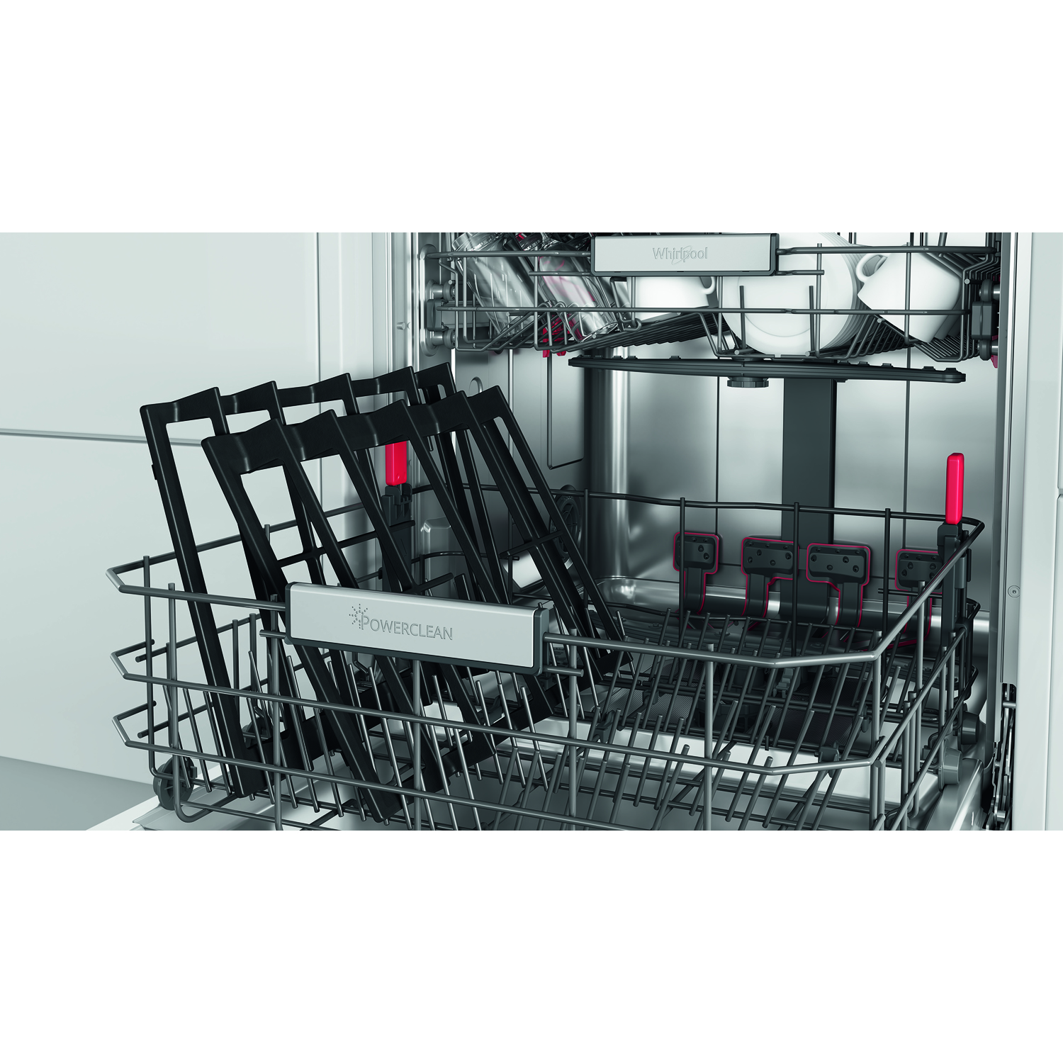 Lavastoviglie con cestelli e supporti. Supporti neri visibili. Lavastoviglie bianca. Etichetta PowerClean.