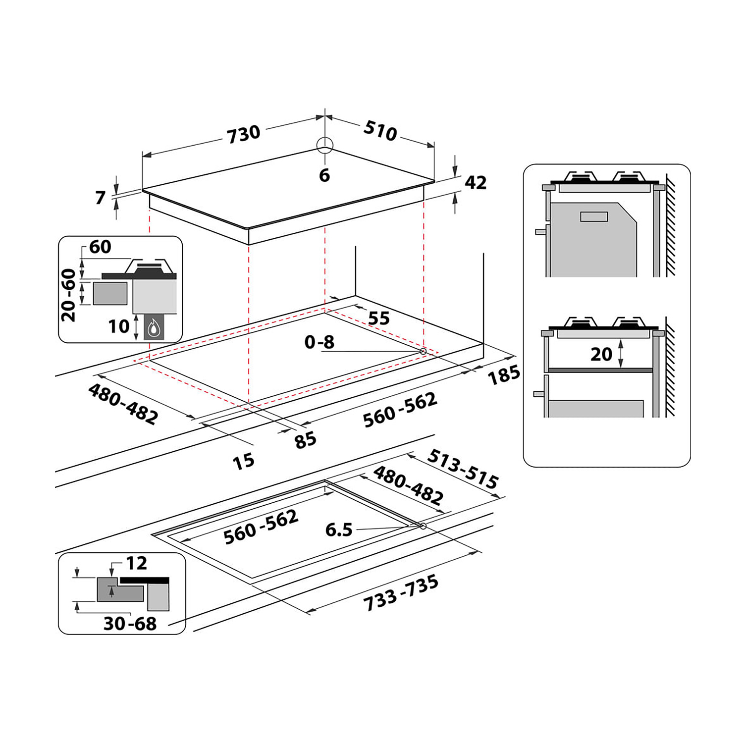 Diagramma di un piano cottura a incasso con dimensioni e dettagli tecnici.