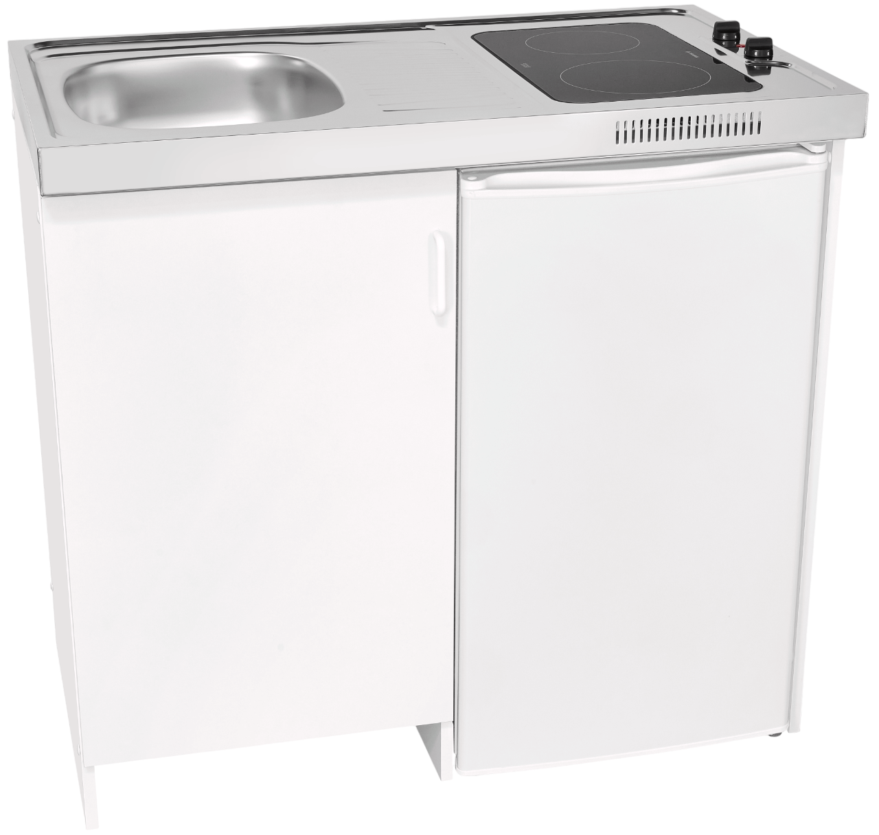 Weiße Miniküche mit Spüle, Zwei-Platten-Herd und Mini-Kühlschrank. Schwarzer Hintergrund.