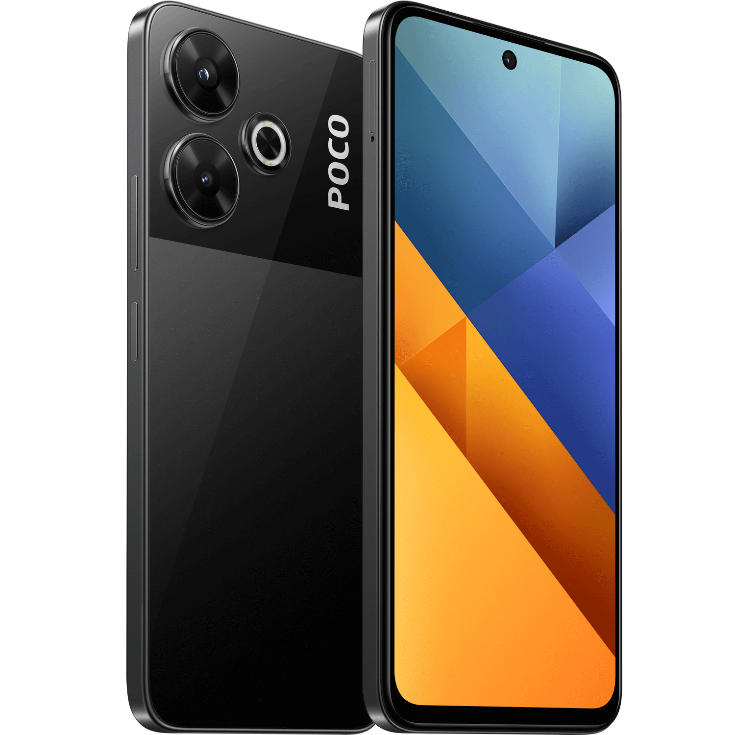 Smartphone negro, triple cámara, marca POCO. Pantalla azul/naranja.