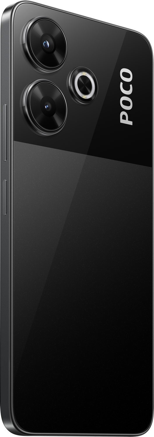Smartphone negro con tres cámaras. Logotipo 'POCO' en el lateral.