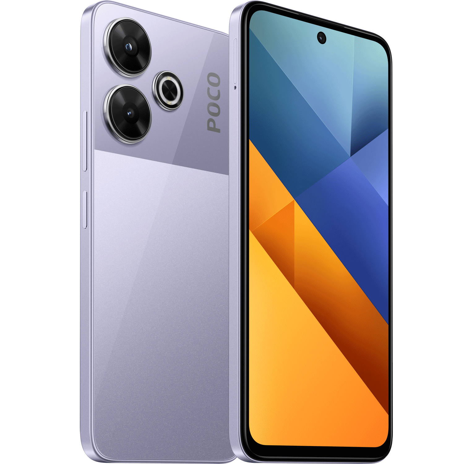 Un teléfono Poco lila con una configuración de triple cámara y una interfaz en pantalla.