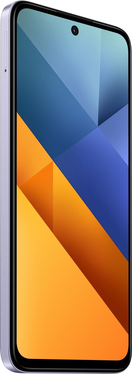 Un smartphone con una parte trasera estampada en azul y naranja, lente de cámara y un botón lateral.