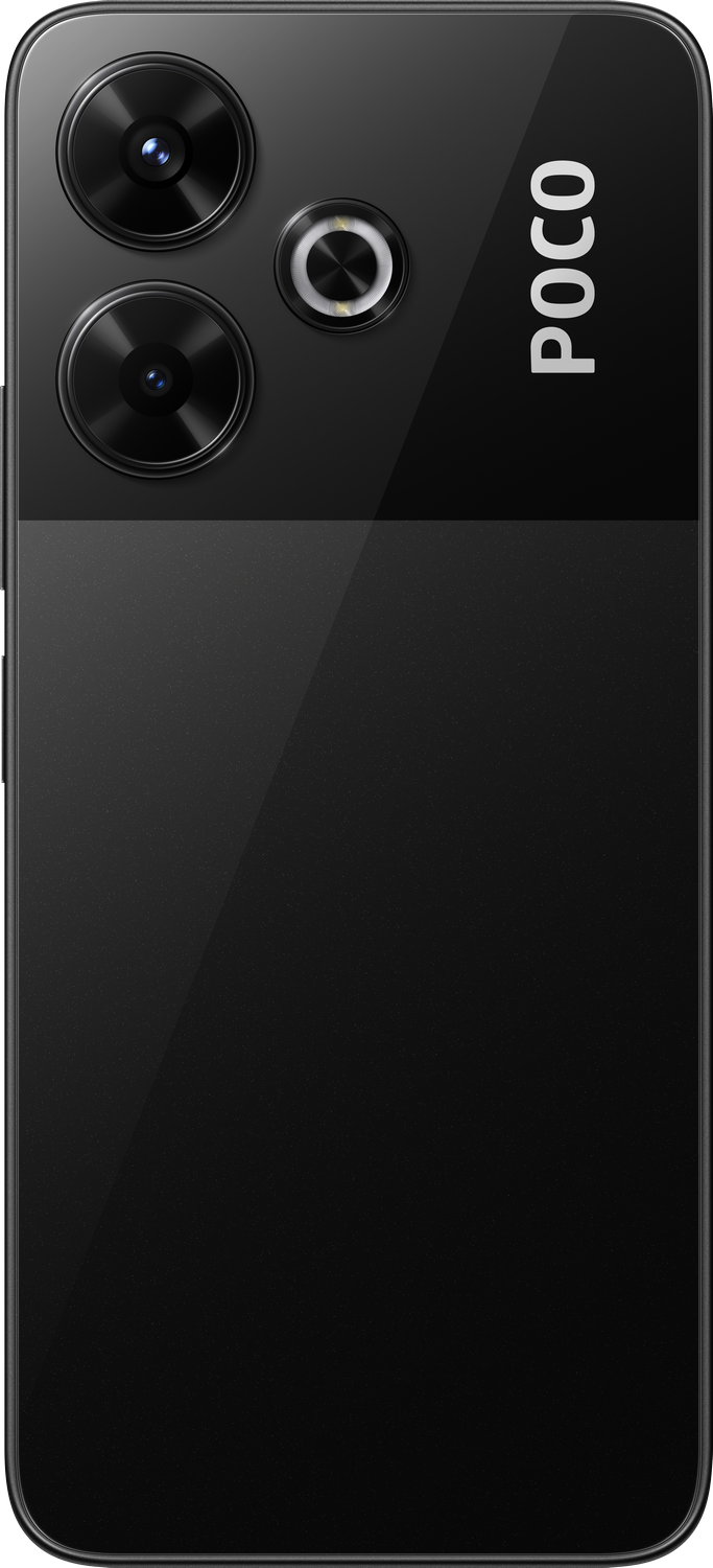 Parte trasera de smartphone negro con tres cámaras, la marca POCO está a la derecha.