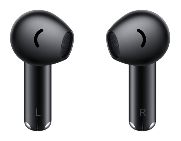 Dwa czarne słuchawki douszne, z oznaczeniami 'L' i 'R', na białym tle.