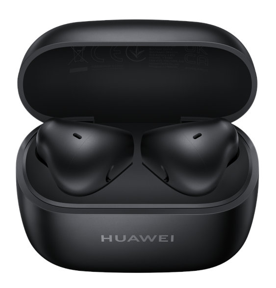 Dwie czarne słuchawki w otwartym, czarnym etui ładującym, widok z góry.