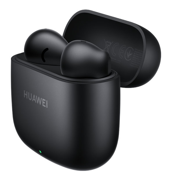 Czarne słuchawki w etui ładującym z marką 'HUAWEI'. Etui jest częściowo otwarte.