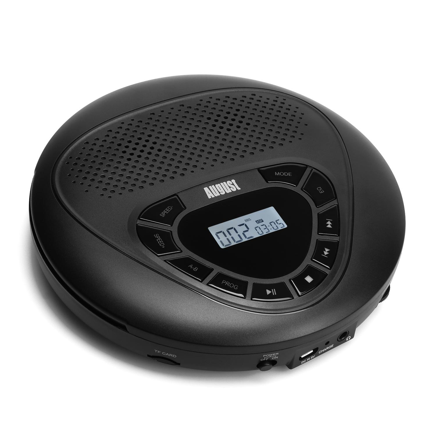 Schwarzer tragbarer August CD-Player mit Display und Bedientasten.