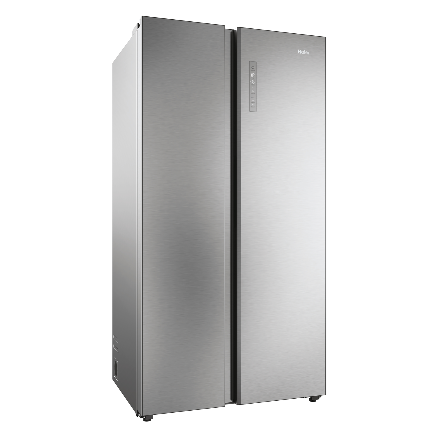 A stainless steel Haier refrigerator. It is a side-by-side model with a digital display on the right door.