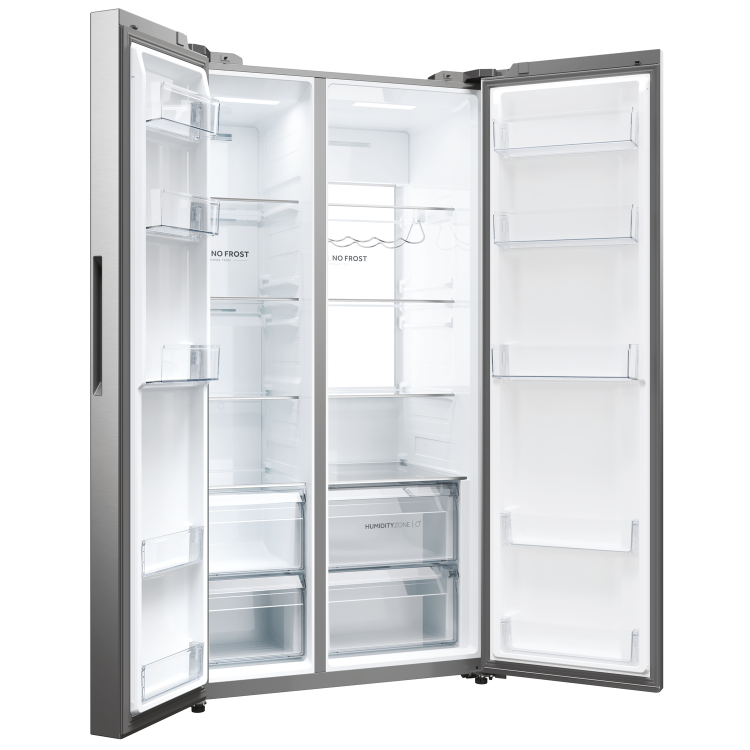 A silver refrigerator with closed doors, and a digital control panel on the front.