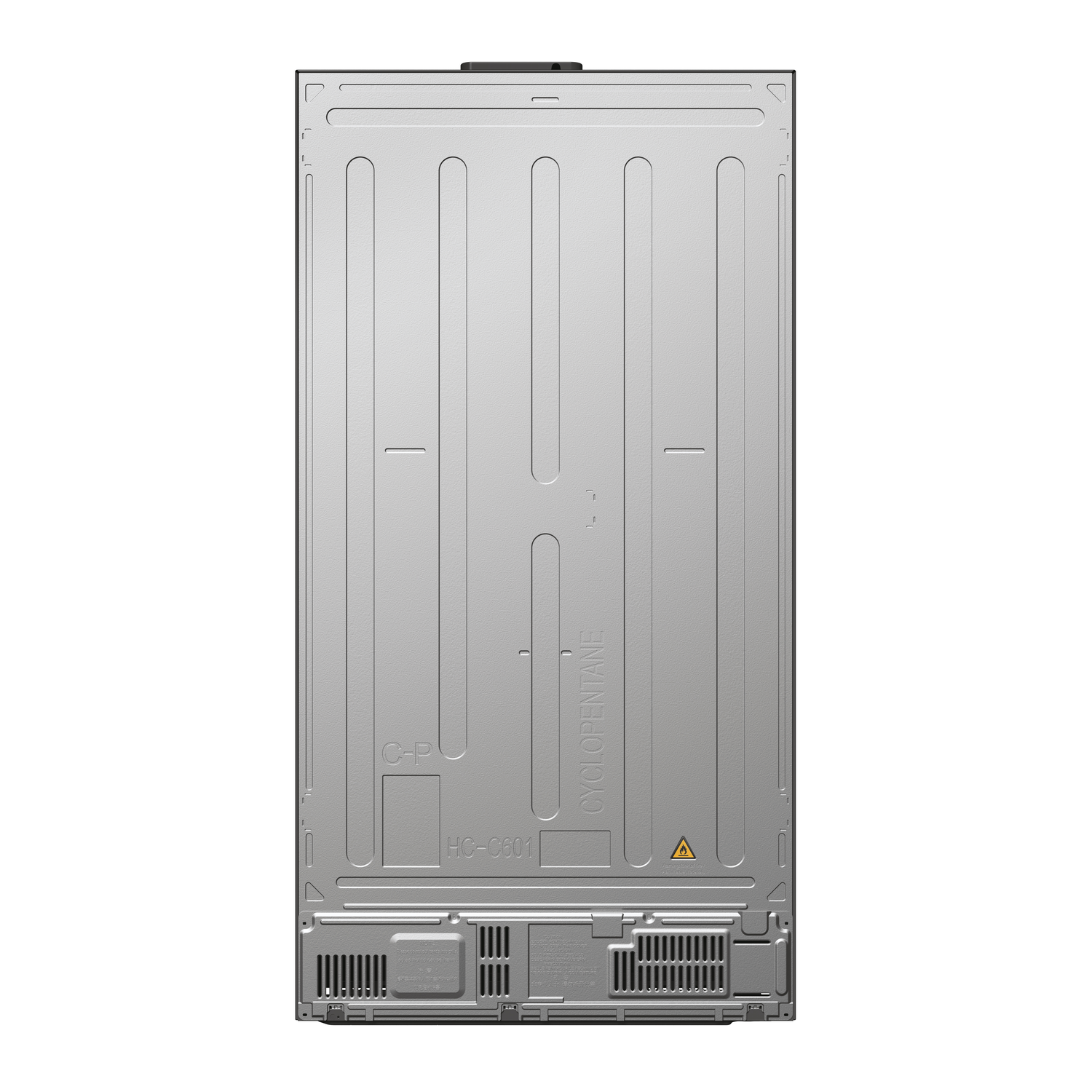 The back of a refrigerator, showing the compressor, with a yellow warning sign.