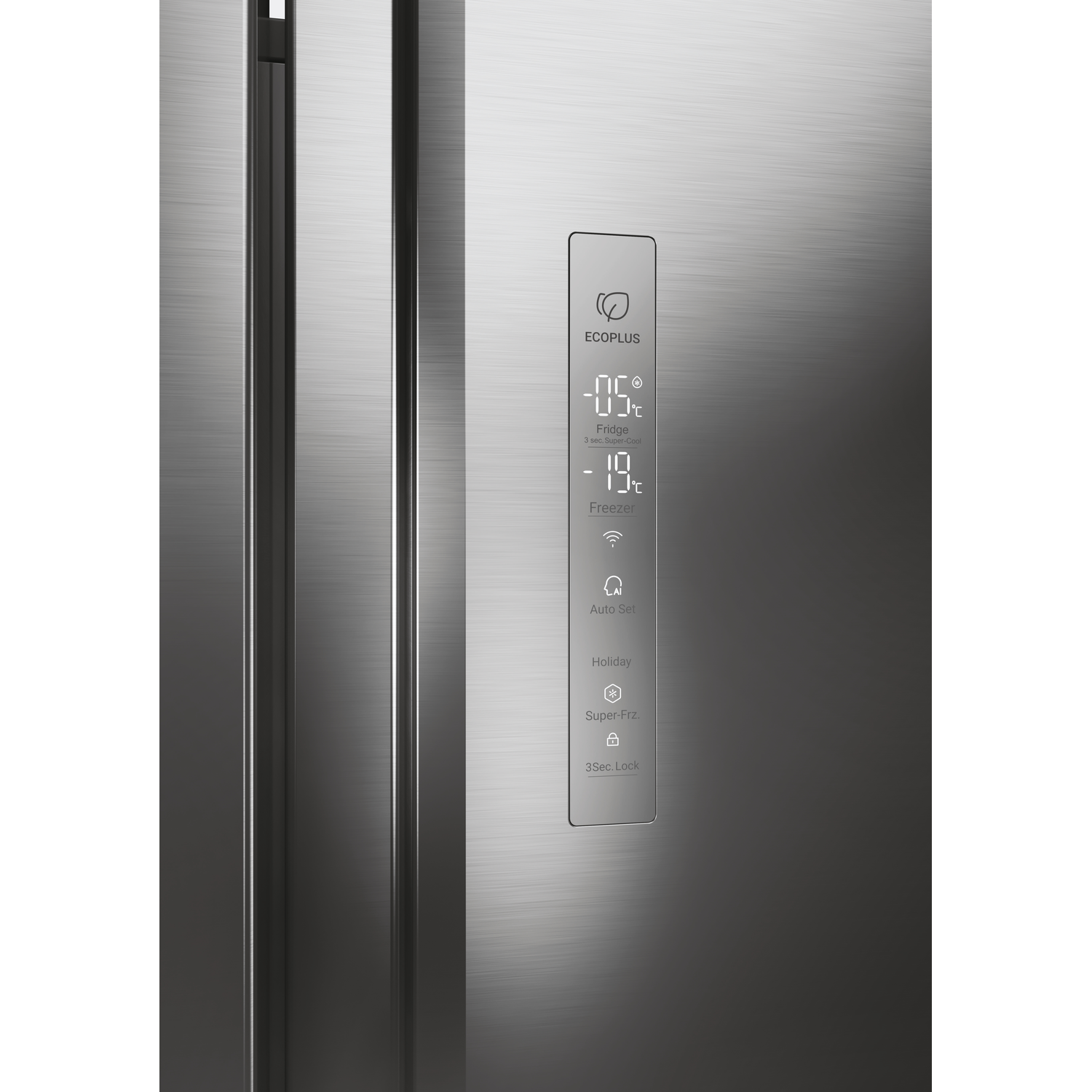 Close-up of a stainless steel refrigerator door with a control panel.